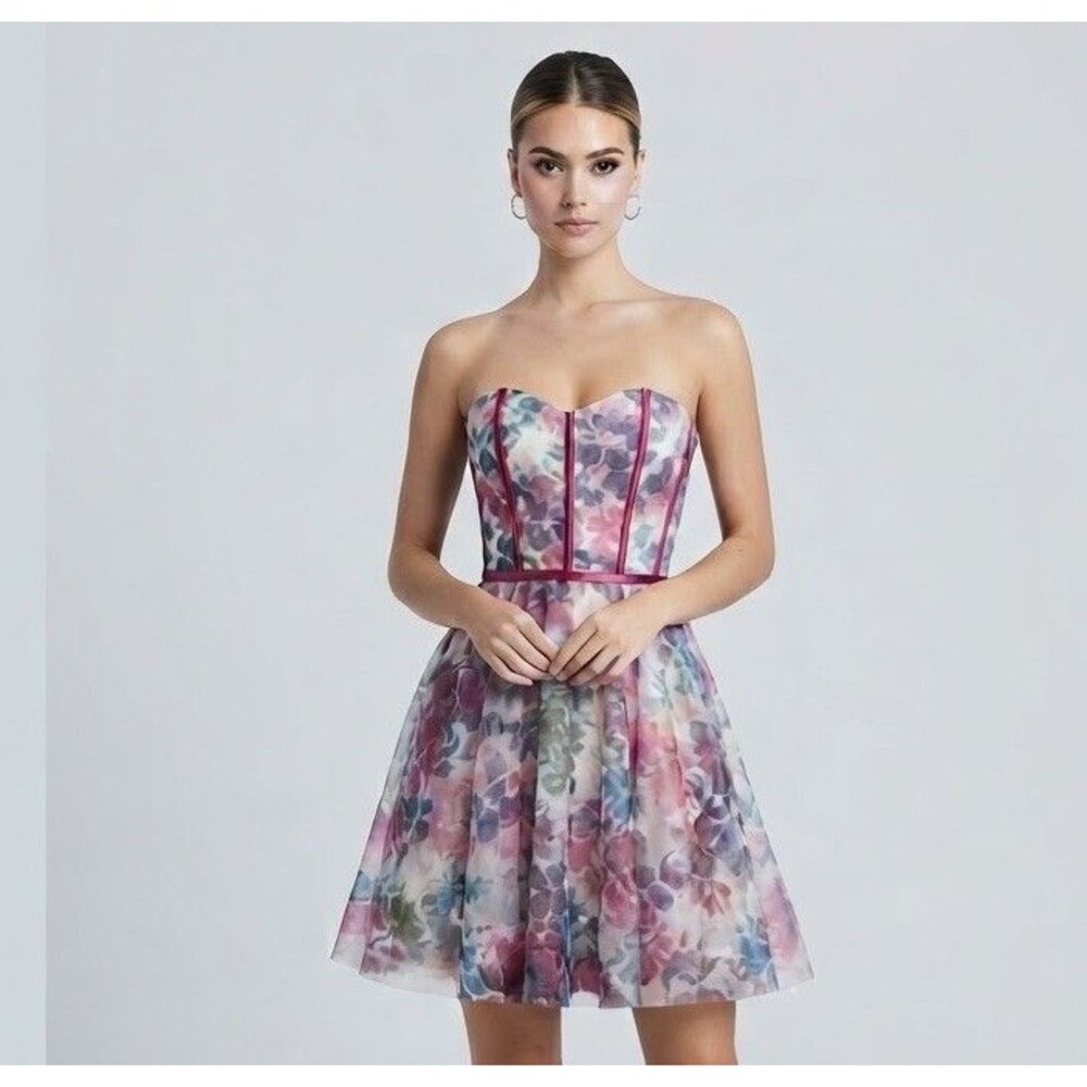 Pear Couture Floral Printed Party Pink Strapless Dress size 3/4 mini Fuchsia